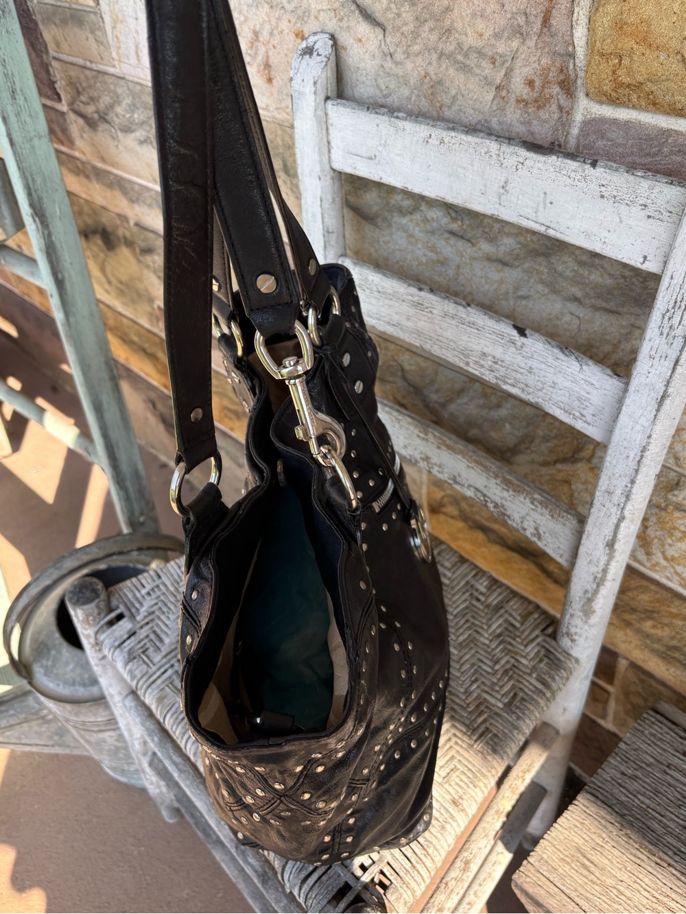 Michael Kors Astor Vintage Black Studded Leather Shoulder Tote Bag - Picture 5 of 9